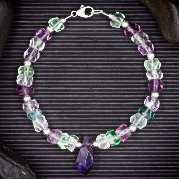 Faceted Fluorite Rondelle and Amethyst Bracelet - Handmade to Order - Picture 1 of 2